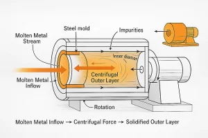 Technical cross-section diagram illustrating the centrifugal casting process, showing molten metal inflow, mold rotation, centrifugal force direction, and formation of a solidified outer layer.