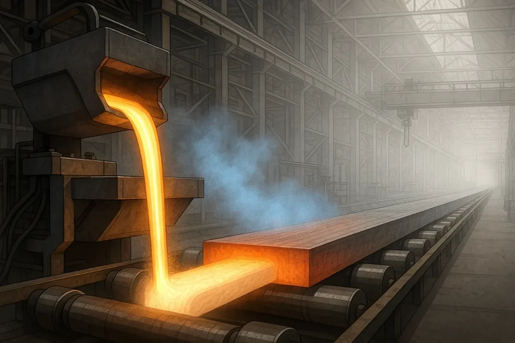 Continuous casting line showing molten steel pouring into the mold and billet solidification on rollers inside a modern foundry.