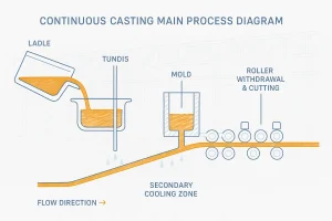 Continuous casting process diagram showing tundish, mold, secondary cooling, roller withdrawal, cutting, and storage stages.
