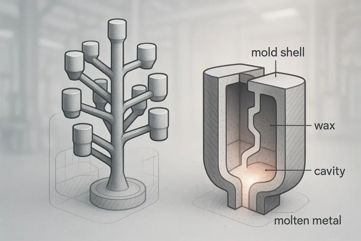 Investment casting mold cross-section showing wax pattern, ceramic shell, and molten metal cavity.