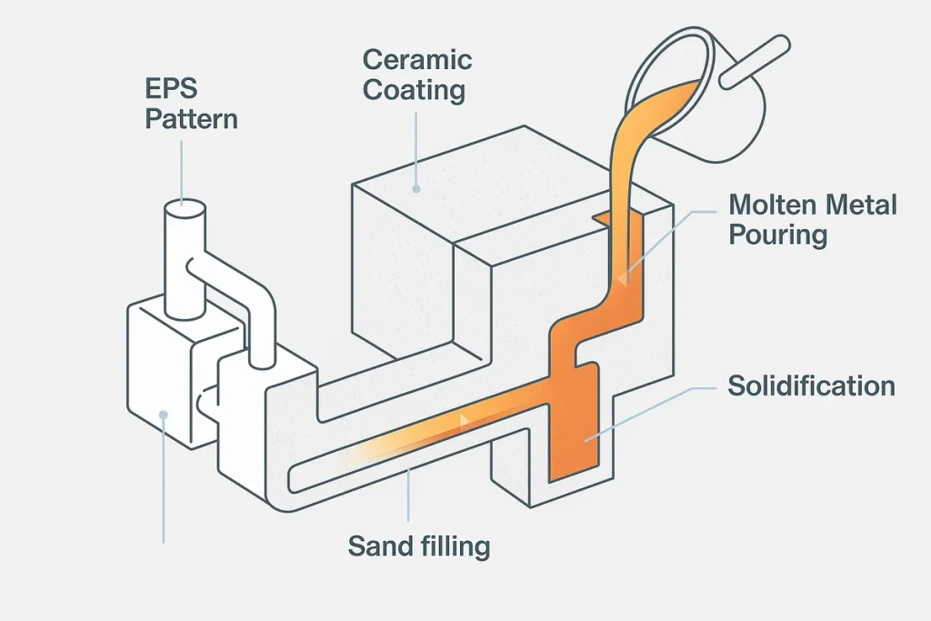 Lost foam casting overview showing EPS pattern, ceramic coating, sand filling and molten metal pouring sequence.