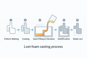 Lost foam casting process diagram showing pattern making, coating, sand filling and vibration, solidification and shake-out steps.