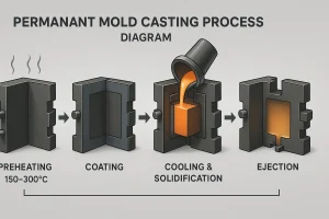 Illustrated diagram showing the permanent mold casting process with steps for preheating, coating, pouring, cooling, and ejection.