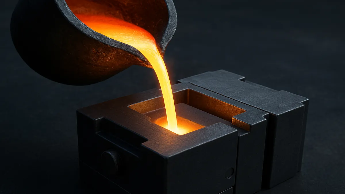 Molten metal pouring into a steel permanent mold cavity under gravity