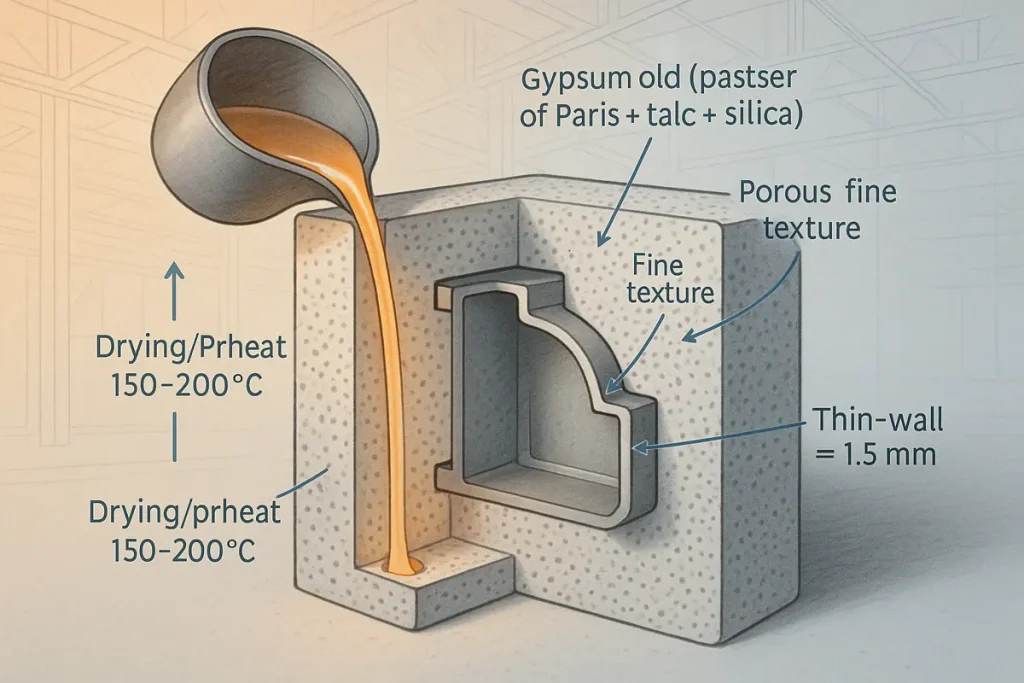 Gipsform Gussschnittansicht mit Gipsform (Gips + Talk + Kieselerde), Vorwärmung 150-200 °C und Dünnwandigkeit 1,5 mm.