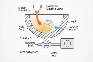 Semi-centrifugal casting diagram showing molten metal flow, centrifugal force, and solidified casting layer inside a rotating half mold.