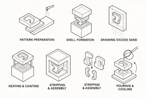 Seven-step isometric wireframe diagram illustrating the Shell Molding (Croning) process from pattern preparation to pouring and cooling.