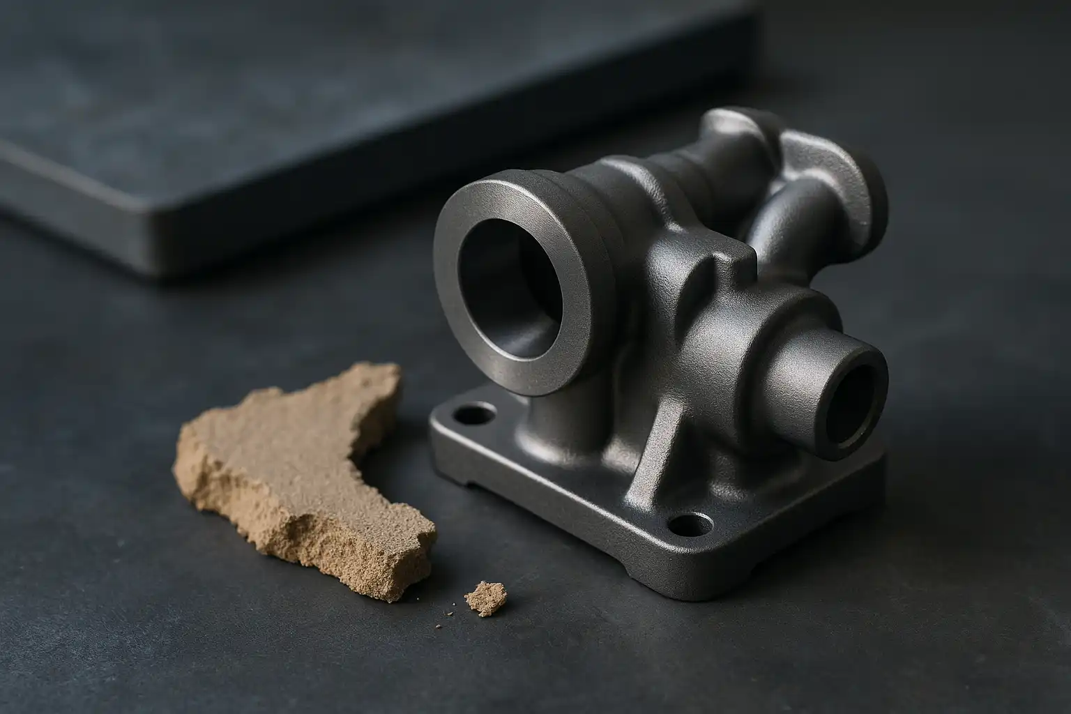 High-resolution, close-up photograph of a precision metal casting, showcasing the exceptionally smooth surface finish and dimensional accuracy achieved by shell molding.