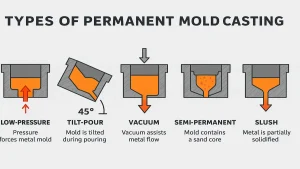 Diagram showing five types of permanent mold casting: low-pressure, tilt-pour, vacuum, semi-permanent, and slush casting.