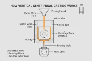 Vertical centrifugal casting process diagram showing molten metal flow, centrifugal force direction, and solidified casting zone inside the rotating mold.