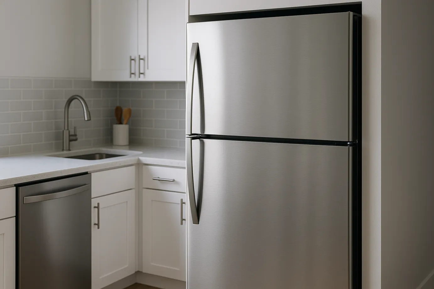 Electrodomésticos de cocina modernos con 430 paneles de acero inoxidable, incluidos un frigorífico y un lavavajillas, colocados sobre armarios blancos.