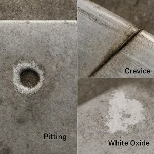 Visual examples of common aluminum corrosion types: pitting, crevice corrosion, and white oxide formation.