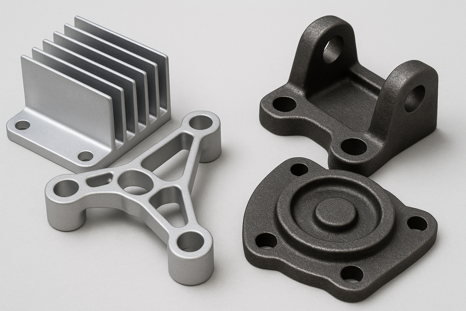 Aluminum casting parts compared with cast iron components on a neutral background