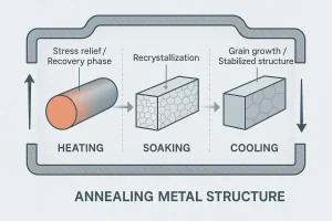Cross-section diagram showing metal structure changes during heating, soaking, and cooling stages of annealing