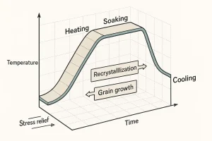 Annealing process diagram showing heating, soaking, and cooling stages with stress relief, recrystallization, and grain growth