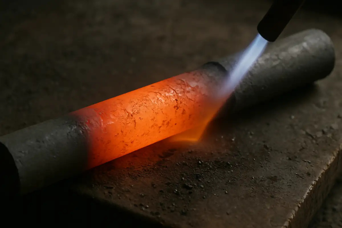 Steel annealing process showing heating stage with torch and glowing metal surface
