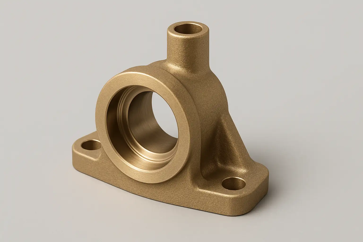 Brass flanged bearing housing casting with circular bore and mounting base