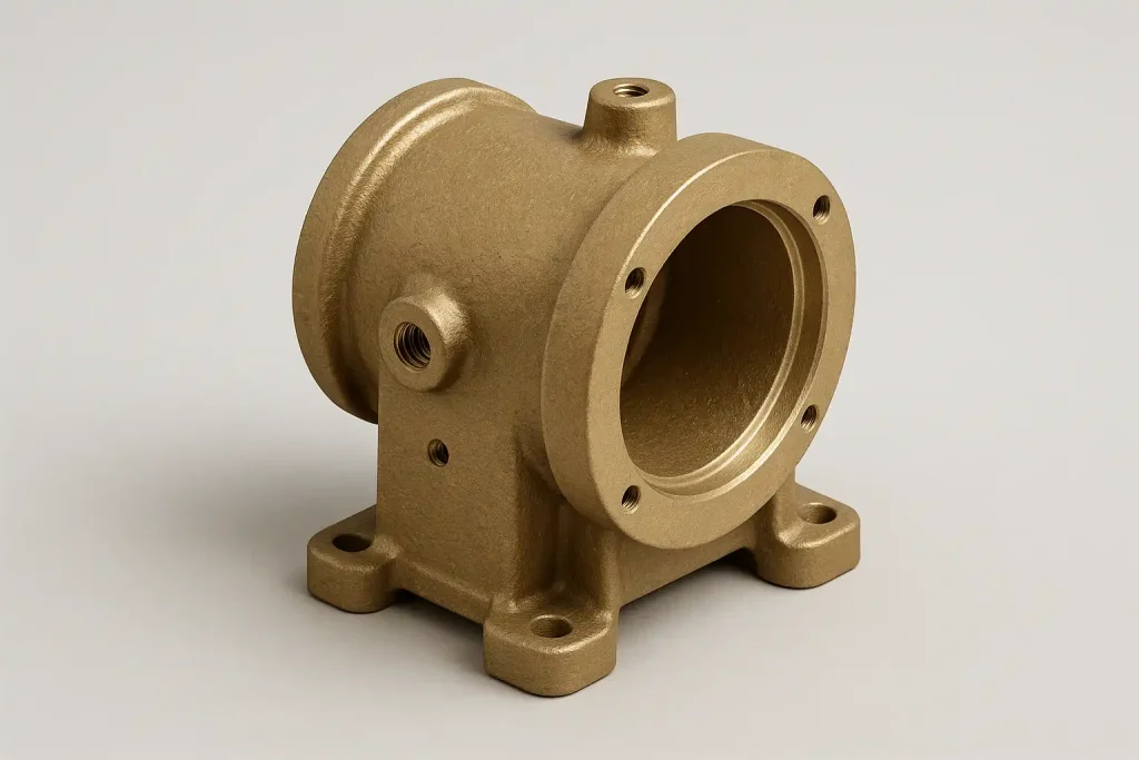 Brass gear housing casting with flanged front opening and threaded side ports