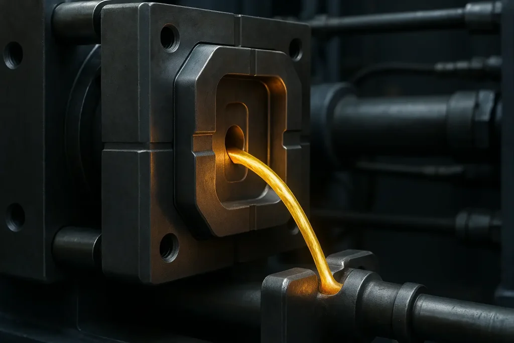 Molten brass being injected into a die casting mold cavity during the brass die casting process