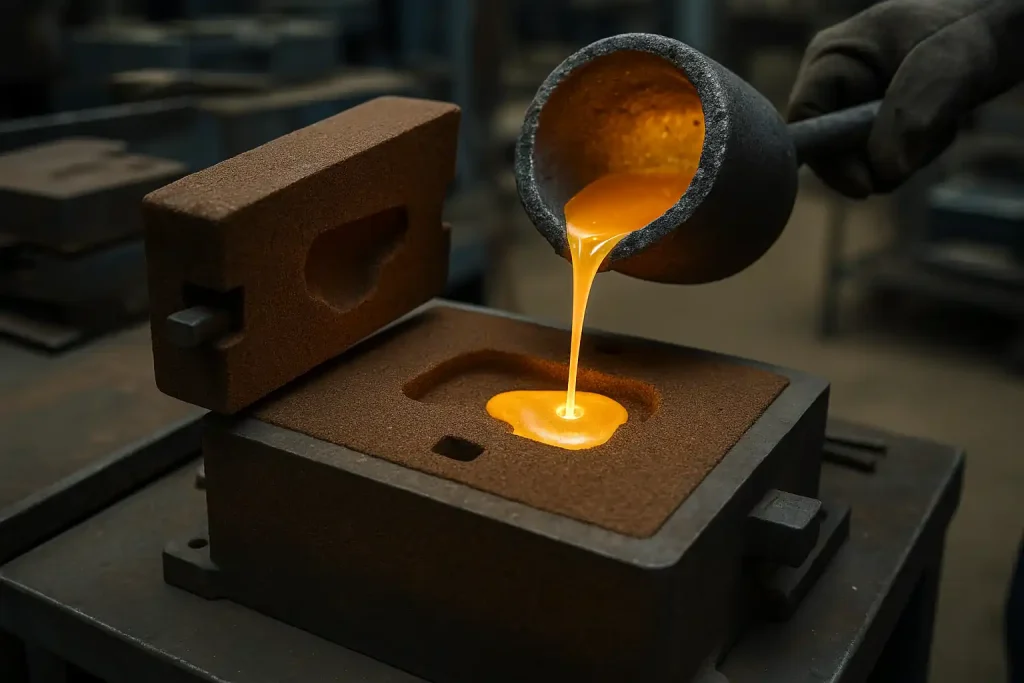 Brass sand casting pouring molten metal into sand mold