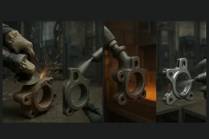 Nachbearbeitungsprozess nach dem Gießen mit den Schritten Reinigen, Verfestigen, Erhitzen und Beschichten in einer industriellen Umgebung.