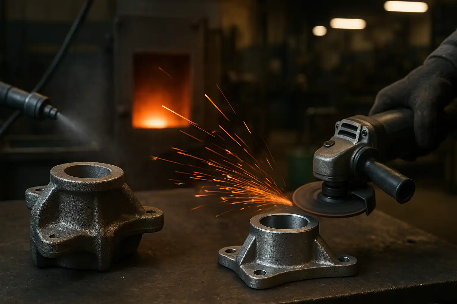 Industrielle Nachbearbeitung von Gussteilen: Schleifen und Oberflächenvorbereitung zur Fehlerbeseitigung.