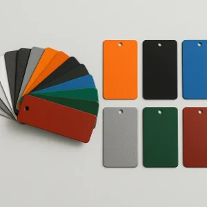 Powder coating color samples showing various finishes for metal parts