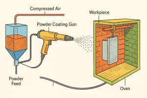 Powder coating process diagram showing powder feed, electrostatic spray gun, particle attraction, and oven curing.
