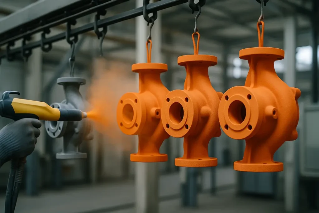 Powder coating process on cast metal pump housings showing electrostatic spray painting in factory line