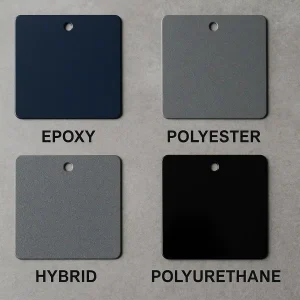 Types of powder coating samples including epoxy, polyester, hybrid, and polyurethane finishes
