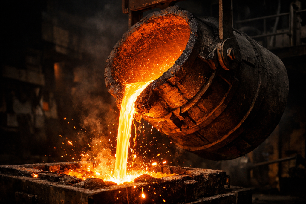 Pfanne, die geschmolzenes Metall in eine Sandform in einer Stahlgießerei gießt