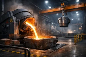 Gießen von geschmolzenem Metall aus einem Kippofen in eine Pfanne in einer modernen Gießerei