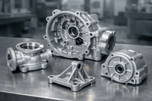 Gravity die cast aluminum gearbox housings and brackets on a metal workbench