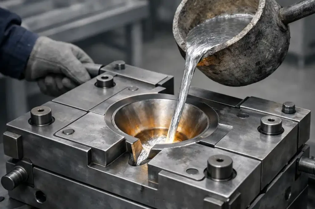 Worker pouring molten aluminum into a permanent mold in a gravity die casting process