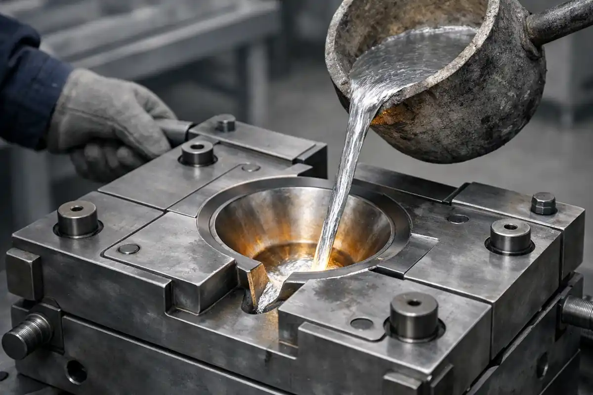 Worker pouring molten aluminum into a permanent mold in a gravity die casting process