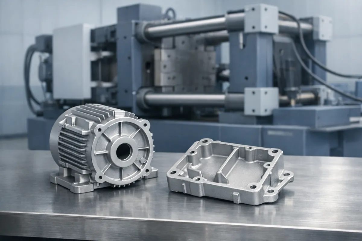 Aluminum high-pressure die casting motor housing and rectangular cover on a metal table with a die casting machine in the background.
