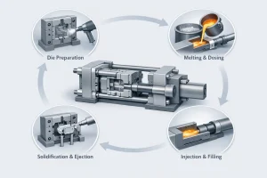 High-pressure die casting process steps with die preparation, melting and dosing, injection and filling, and solidification and ejection around a die casting machine.