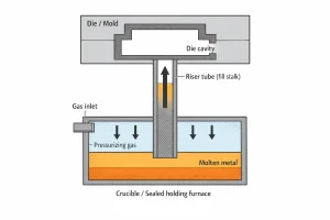 Low pressure die casting cross-section showing pressurizing gas, riser tube and die cavity