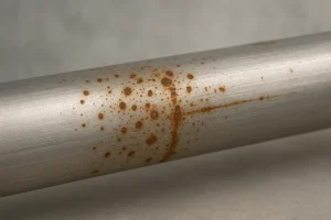 국부적인 녹반이 보이는 스테인리스 스틸 표면의 부식을 클로즈업한 모습.