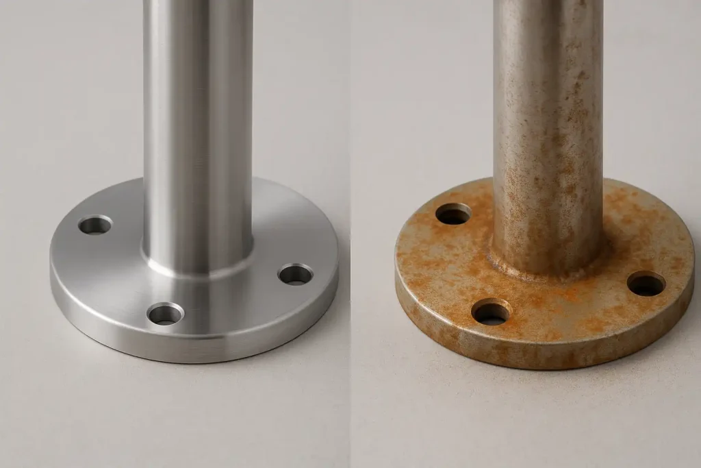 깨끗한 표면과 녹슨 부식을 보여주는 스테인리스 스틸 포스트 및 플랜지