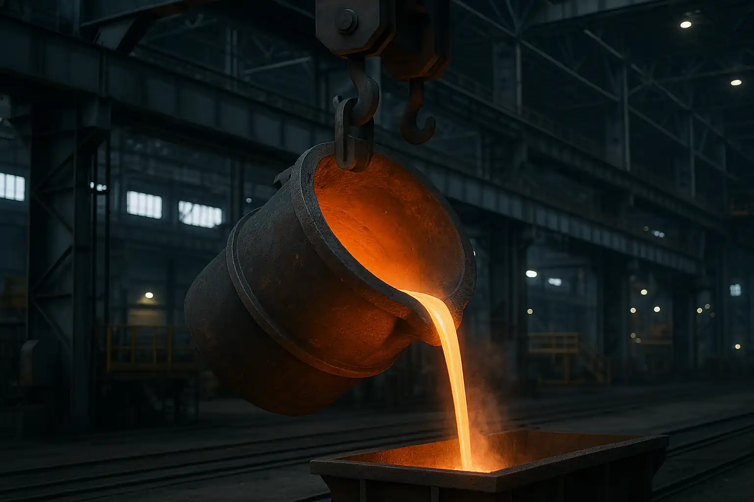 산업용 제강 시설 내부의 금형에 국자에서 용강이 부어지고 있습니다.