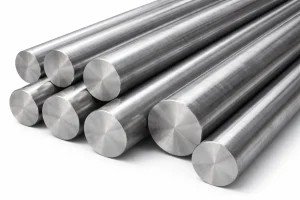 Alloy steel round bars stacked in a bundle on a white background.