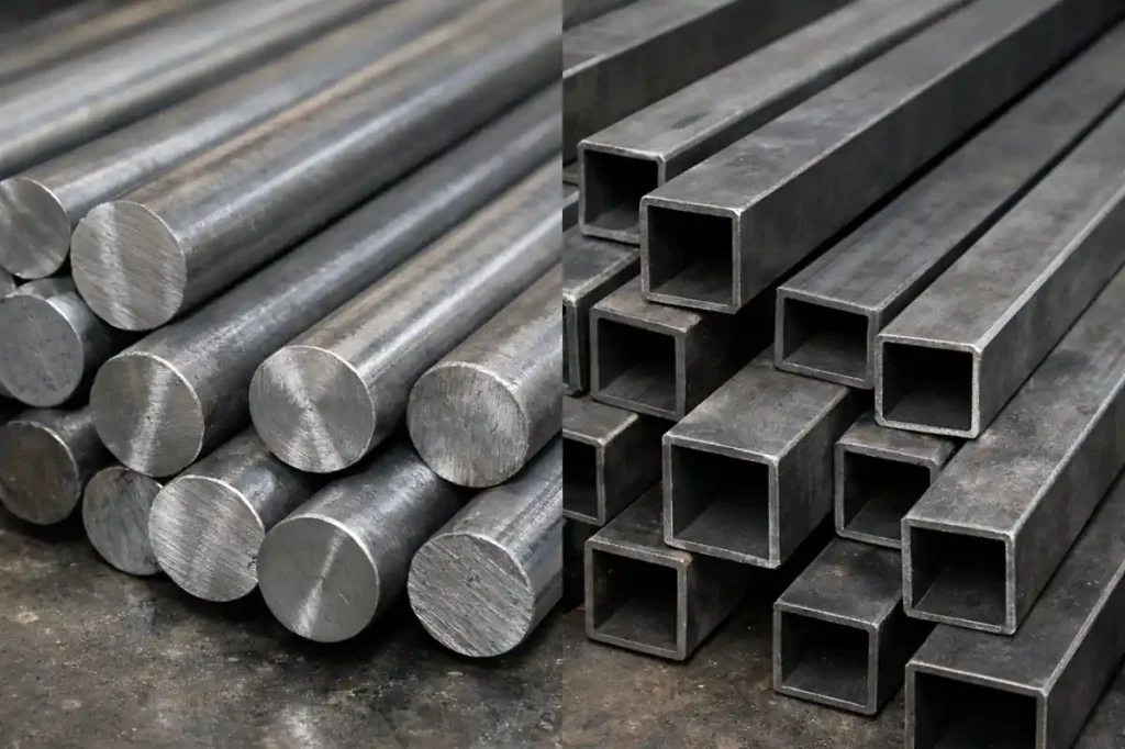 Round carbon steel bars and square alloy steel tubes stacked side by side for material comparison.
