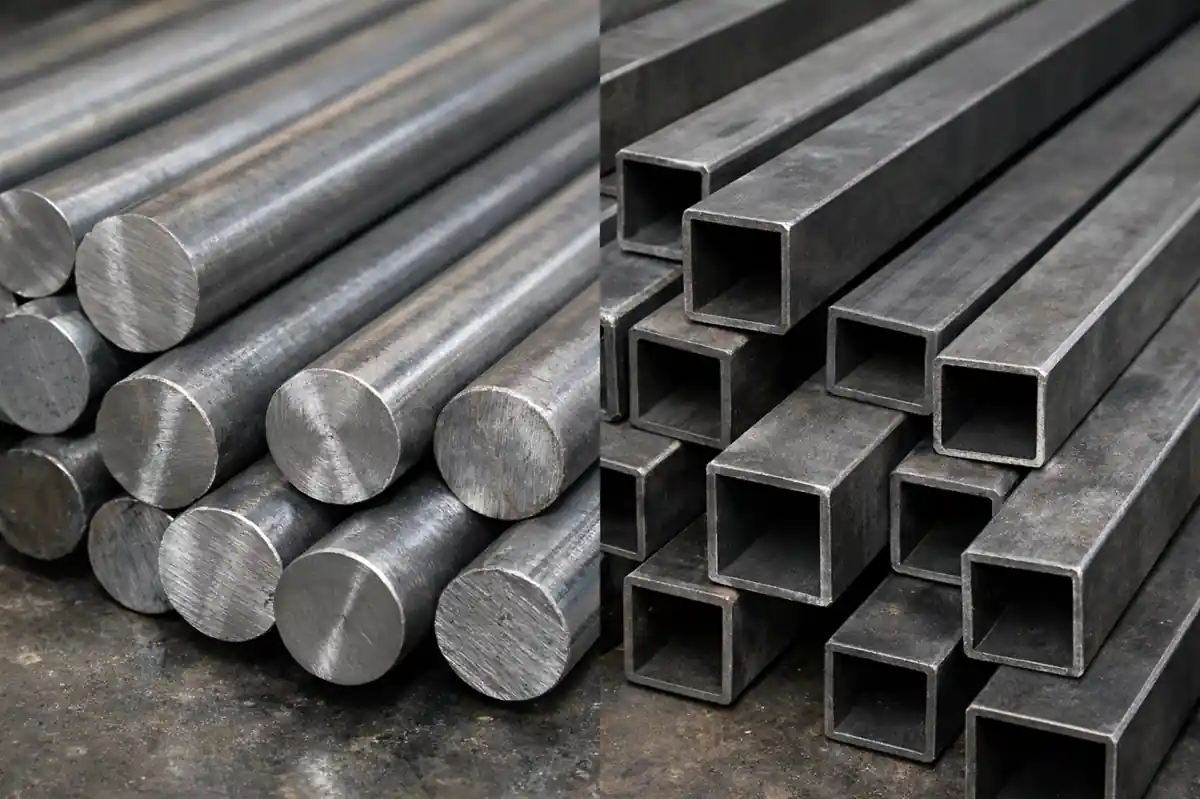 Round carbon steel bars and square alloy steel tubes stacked side by side for material comparison.