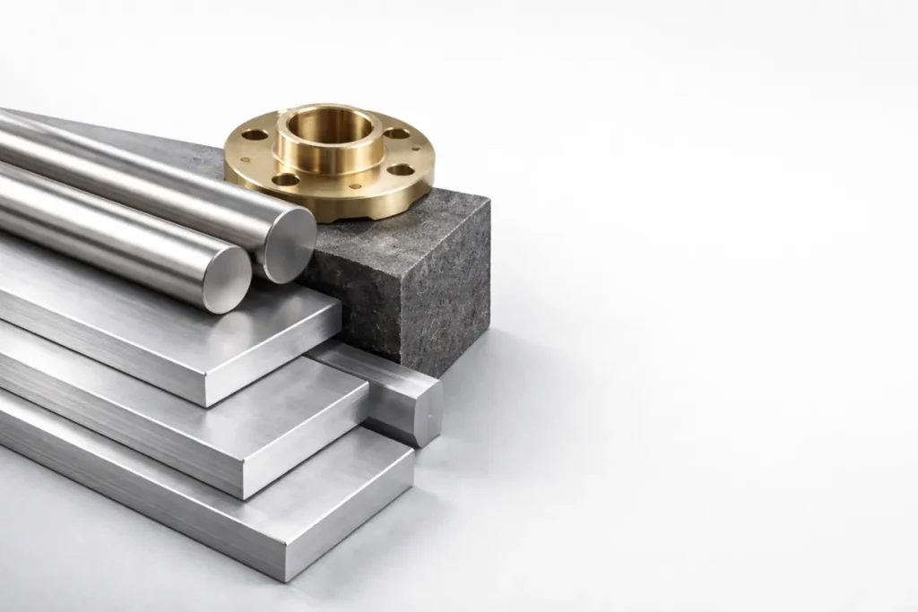 Nahaufnahme eines Stapels von Gussmetallen, darunter Aluminiumplatten, Stäbe aus rostfreiem Stahl, ein dunkler Block aus duktilem Eisen und ein Bronzeflansch auf der linken Seite, mit weißem Freiraum auf der rechten Seite für den Titel.