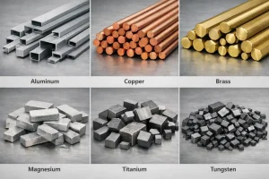 Six métaux non ferreux courants sous des formes de stock typiques : profilés en aluminium, barres rondes en cuivre, barres rondes et hexagonales en laiton, blocs de magnésium, billettes de titane et cubes de tungstène.