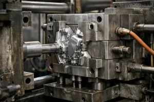 Die casting machine with aluminum part solidified inside a steel mold cavity