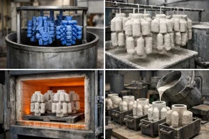 Investment casting process showing wax trees, ceramic shell dipping, burnout furnace and ceramic molds ready for metal pouring.