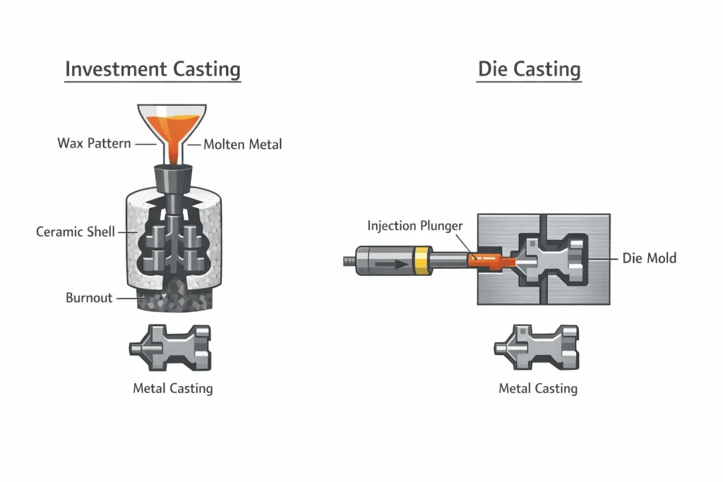 Diagram comparing investment casting and die casting, showing wax pattern and ceramic shell versus plunger injection into a steel die mold.