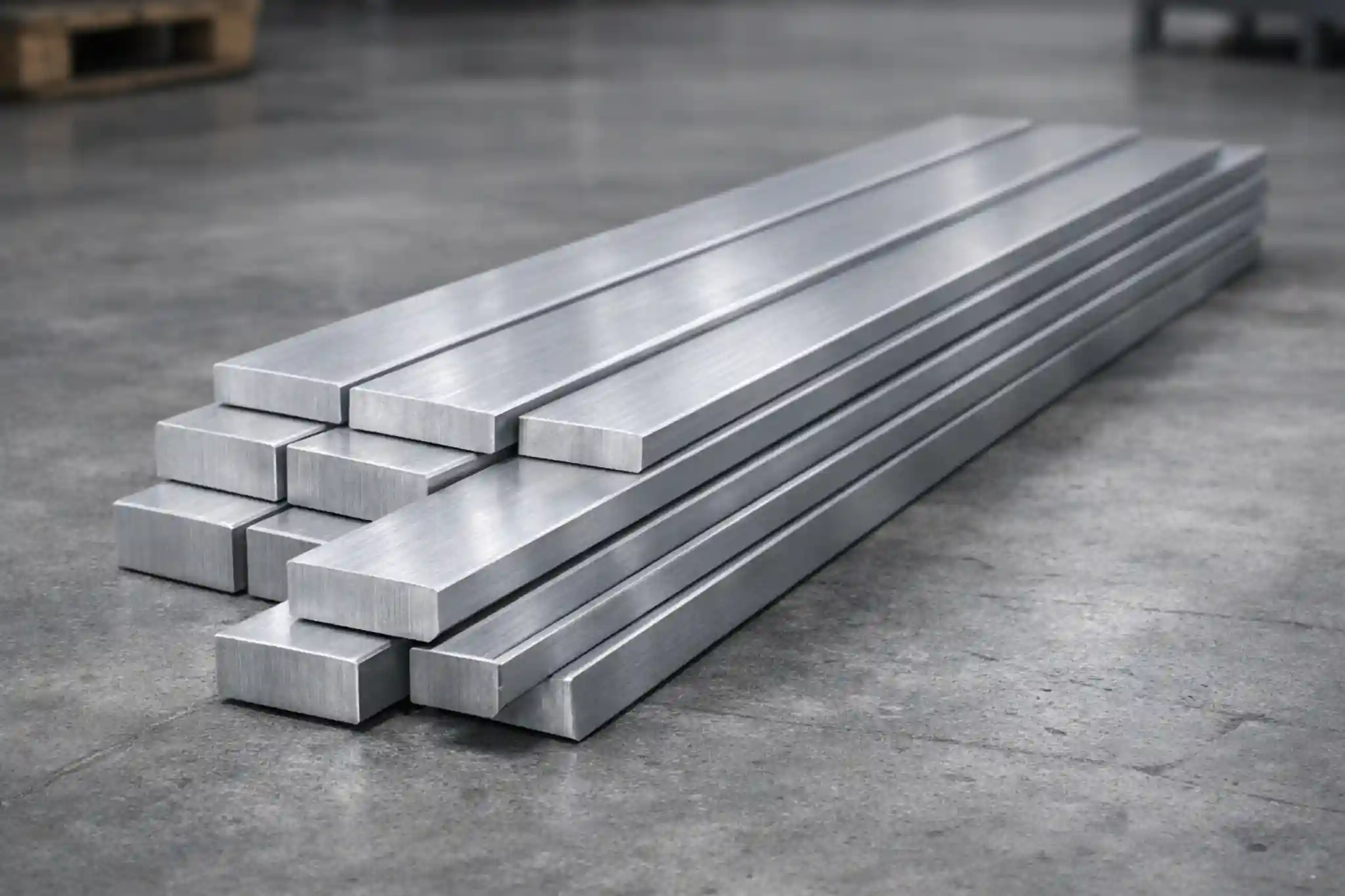 Stack of light metal flat bars on a factory floor showing typical lightweight metal stock
